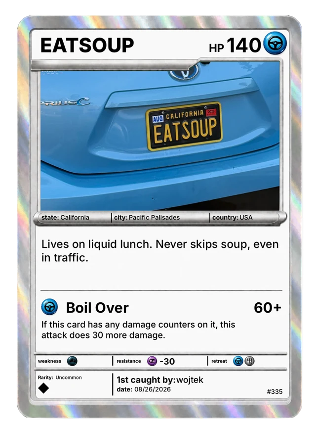EATSOUP, an uncommon California plate card