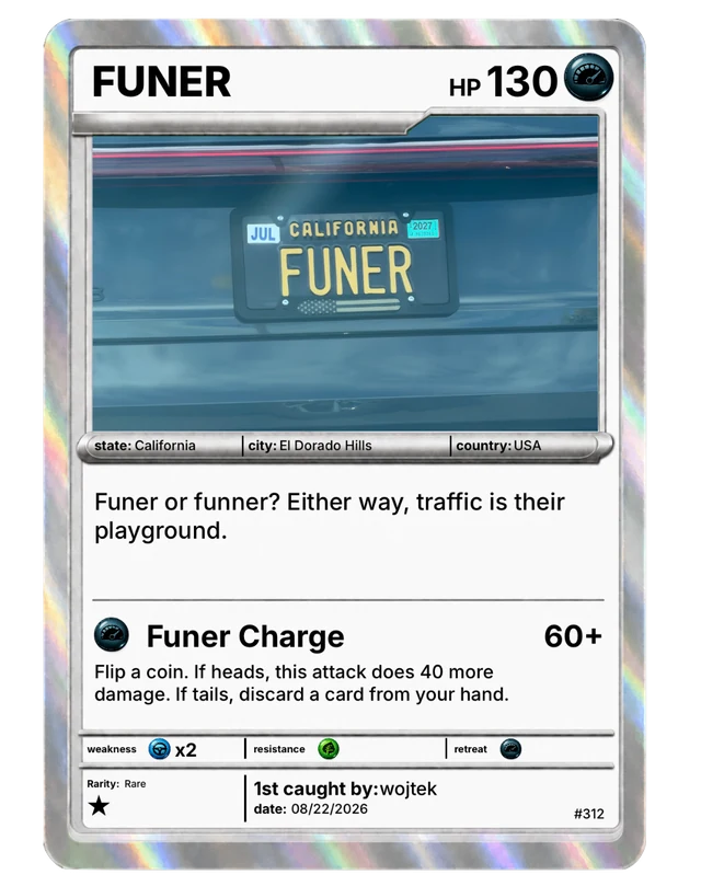 FUNER, a rare California plate card