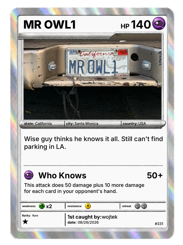 MR OWL1, a rare California plate card