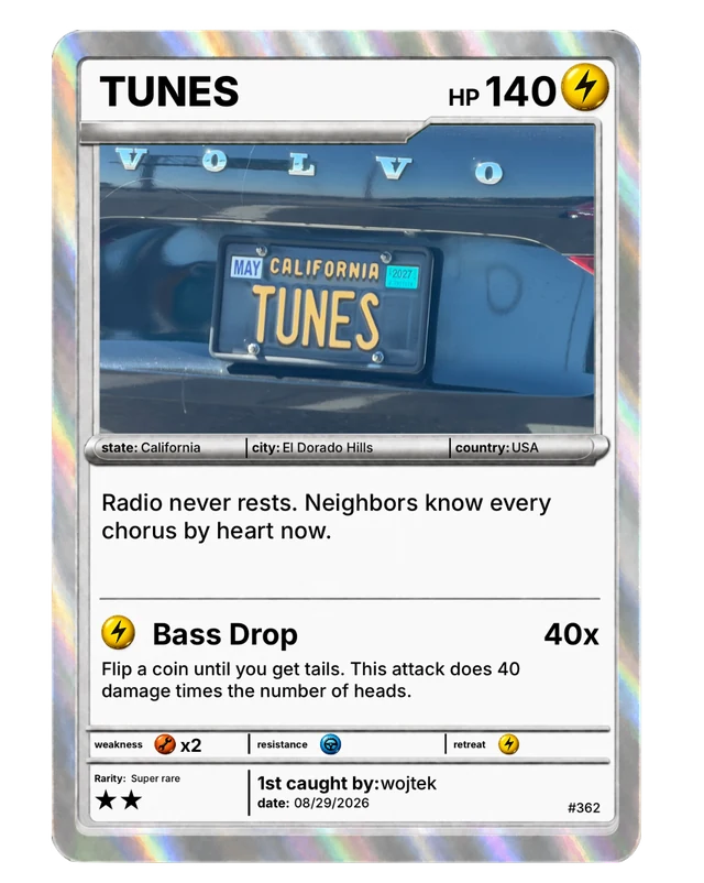 TUNES, a super rare California plate card