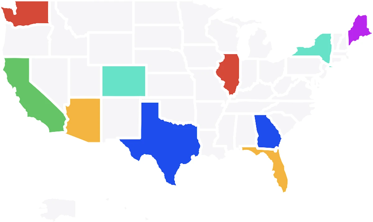 Map of the United States with caught states filled in by rarity colour
